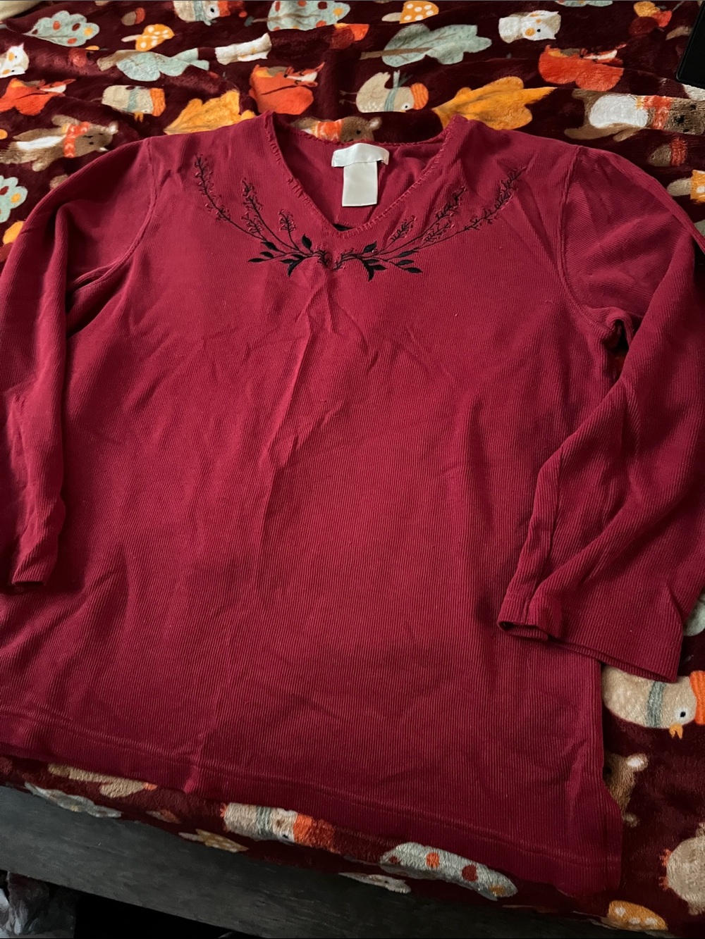 Faded Glory Burgundy V-Neck Sweater with Black Embroidered Detail